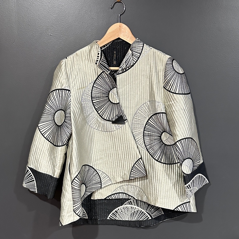 Ivory and Black Circular-Print Asymmetrical Tunic Jacket